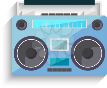 Flat vintage orange tape recorder for audio cassettes. Music boombox. Modern trendy design for music concept. Poster, card, leaflet or banner template design with place for text. Vector illustration.