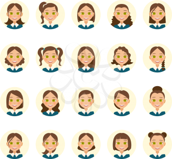 Womens hairstyles. Beautiful young woman with various hair styles. Vector illustration