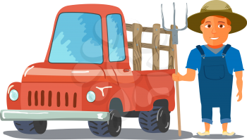 Cartoon Farmer Character with red Pickup Truck. Vector illustration