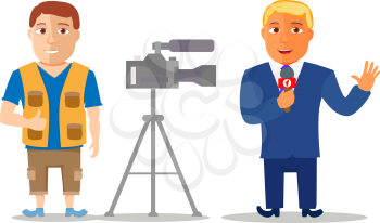 Cartoon Characters Reporter with Cameraman. Vector illustration