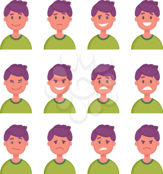 Set of Cartoon Character Faces with Different emotions. Vector illustration