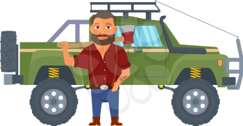 Lumberjack with axe and pickup truck. Vector illustration