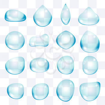 Blue transparent water drops set different forms
