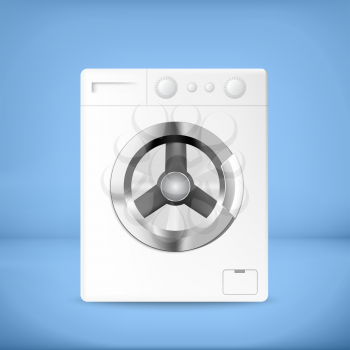 White washing machine with buttons and blue background