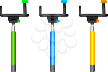 Monopods for selfie, different colors, isolated with white background