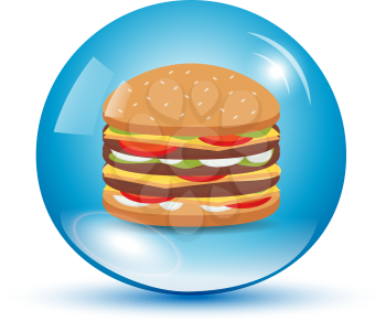 Colored burger in a blue shiny water drop