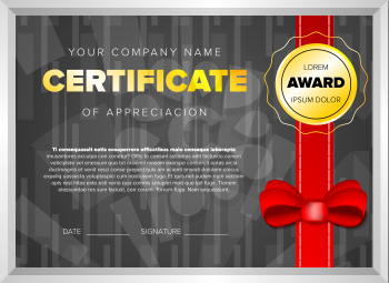 Black certificate design with red ribbon and bow