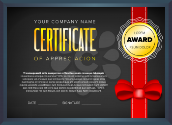 Black certificate design with red ribbon and bow