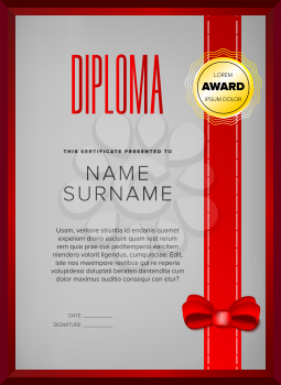 Certificate design in golden frame with red ribbon and bow