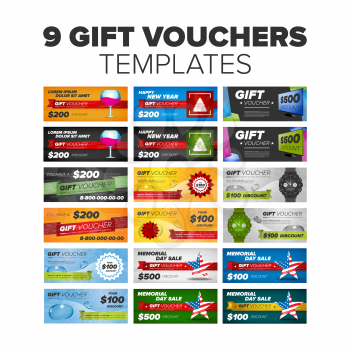 9 vector Gift vouchers set with ribbons and award icons