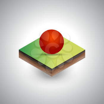 Isometric sphere on the piece of the soil on the gray scene