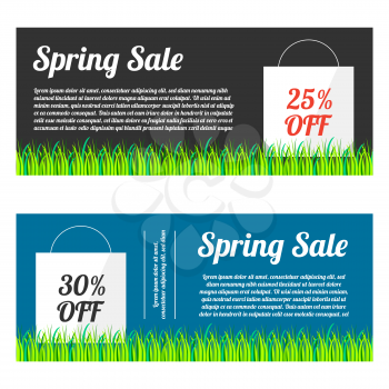 Spring sale banner set with green grass