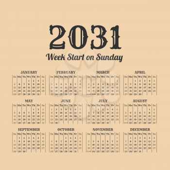 2031 year calendar in the vintage style on a beige background
