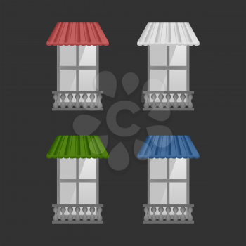 Set of Vector awnings on windows with black background wall and pilaster balcony