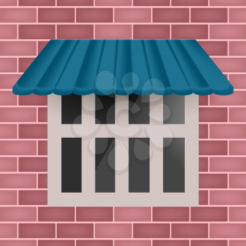 Vector blue awning on window with brick wall background