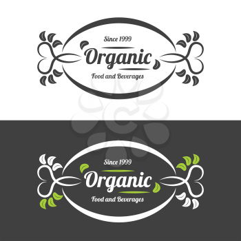 Organic food banner or sign with leaves on white and black backgrounds