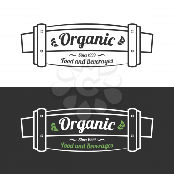 Organic food banner or sign with leaves on white and black backgrounds