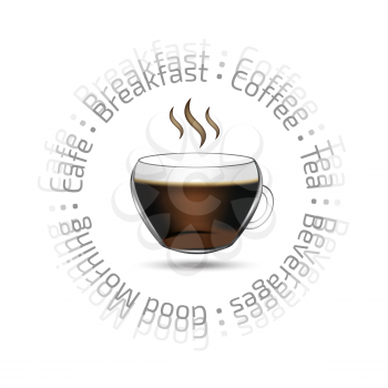 The emblem with realistic vector cup of coffee and the sample text