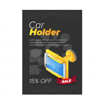 Plastic isometric gadget car holder on the black background. Ad banner template