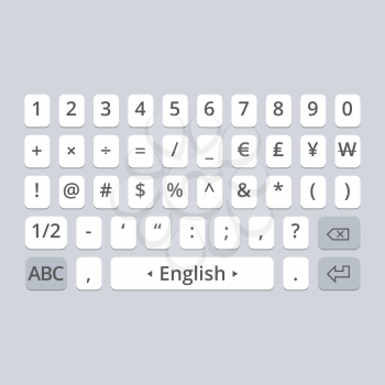 Mobile vector keyboard for smartphone on the gray background. Symbols set