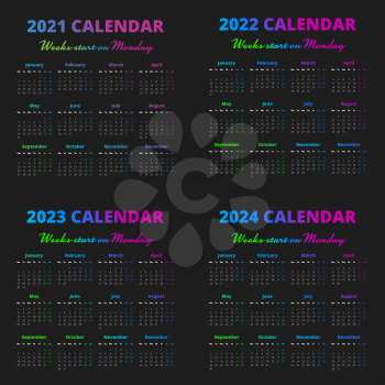 2021-2024 Calendar template set on the black background. Week start on Monday