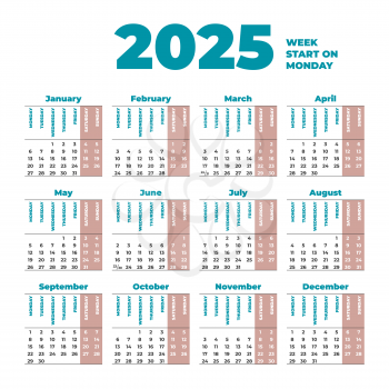 2025 Vector Calendar template with weeks start on Monday