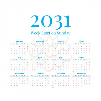 2031 Classic Calendar with the weeks start on Sunday