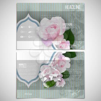 Vector set of tri-fold brochure design template on both sides with world globe element. Pink flowers over linear blue background, floral vector pattern.