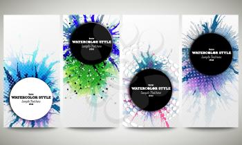 Web banners collection, abstract flyer layouts. Set of colorful flyers with  watercolor stains and place for text, vector illustration templates.