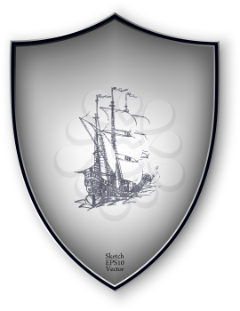 Sailing ship on the shield. Vector format.