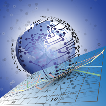 Globe network connections on the background of charts. Abstract vector illustration.