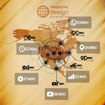 North america map, infographic design illustration, wooden background vector.
