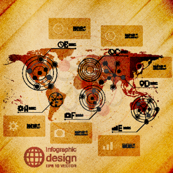 World map, infographic design illustration, wooden background vector.