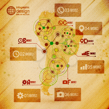 South America map, infographic design illustration, wooden background vector.