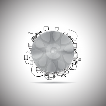 Metal power button with white light and other doodle design elements vector