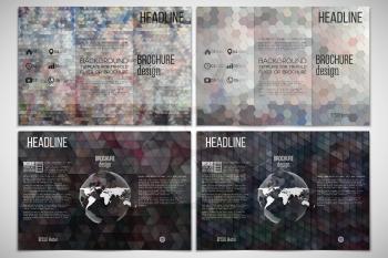 Vector set of tri-fold brochure design template on both sides with world globe element. Graffiti wall. Abstract multicolored backgrounds. Geometrical patterns. Triangular and hexagonal style vector.