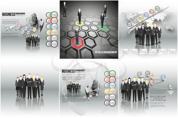 Set of vector infographic templates for your design. Group of a professional business team standing over gray background with timeline, world map or globe.