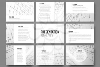 Set of 9 templates for presentation slides. Abstract vector backgrounds. Technical construction with connected lines and dots.