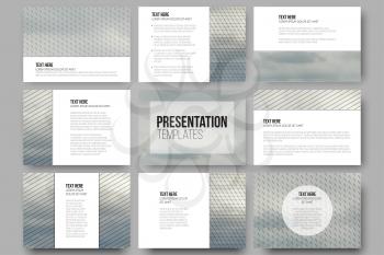 Set of 9 templates for presentation slides. Gray cloudy sky. Collection of abstract multicolored backgrounds. Natural geometrical patterns. Triangular and hexagonal style vector illustration.