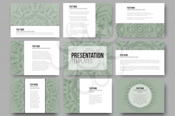 Set of 9 vector templates for presentation slides. Modern stylish geometric backgrounds, round ornamental vector shapes.