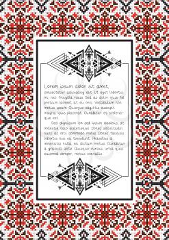 Ethnic pattern with quote blank template on it. Ukrainian folk art. Traditional embroidery pattern. Abstract vector texture. Paper sheet, print design. 