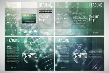 Vector set of tri-fold brochure design template on both sides with world globe element. DNA molecule structure on dark green background. Science vector background.