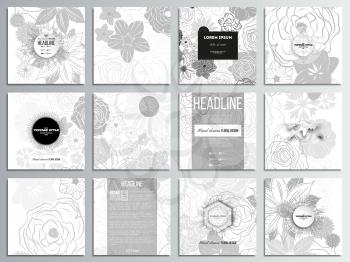 Set of 12 creative cards, square brochure template design. Hand drawn floral doodle pattern, abstract vector background.