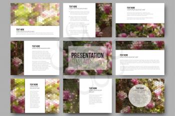 Set of 9 templates for presentation slides. Purple flowers. Abstract multicolored backgrounds. Natural geometrical patterns. Triangular and hexagonal style.