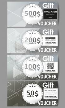 Set of modern gift voucher templates. Abstract blurred vector background with triangles, lines and dots.