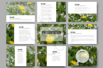 Set of 9 templates for presentation slides. Yellow flowers on the grass. Collection of abstract multicolored backgrounds. Natural geometrical patterns. Triangular and hexagonal style vector.