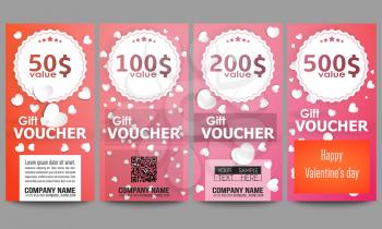 Set of modern gift voucher templates. White paper hearts, red vector background for Valentines day.