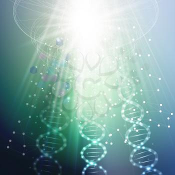 DNA molecule structure on a green background. Science vector background.