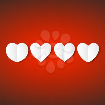 White paper hearts, Valentines day card on red background, vector illustration.