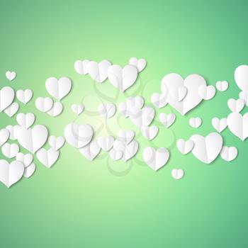White paper hearts, Valentines day card on emerald background, vector illustration.